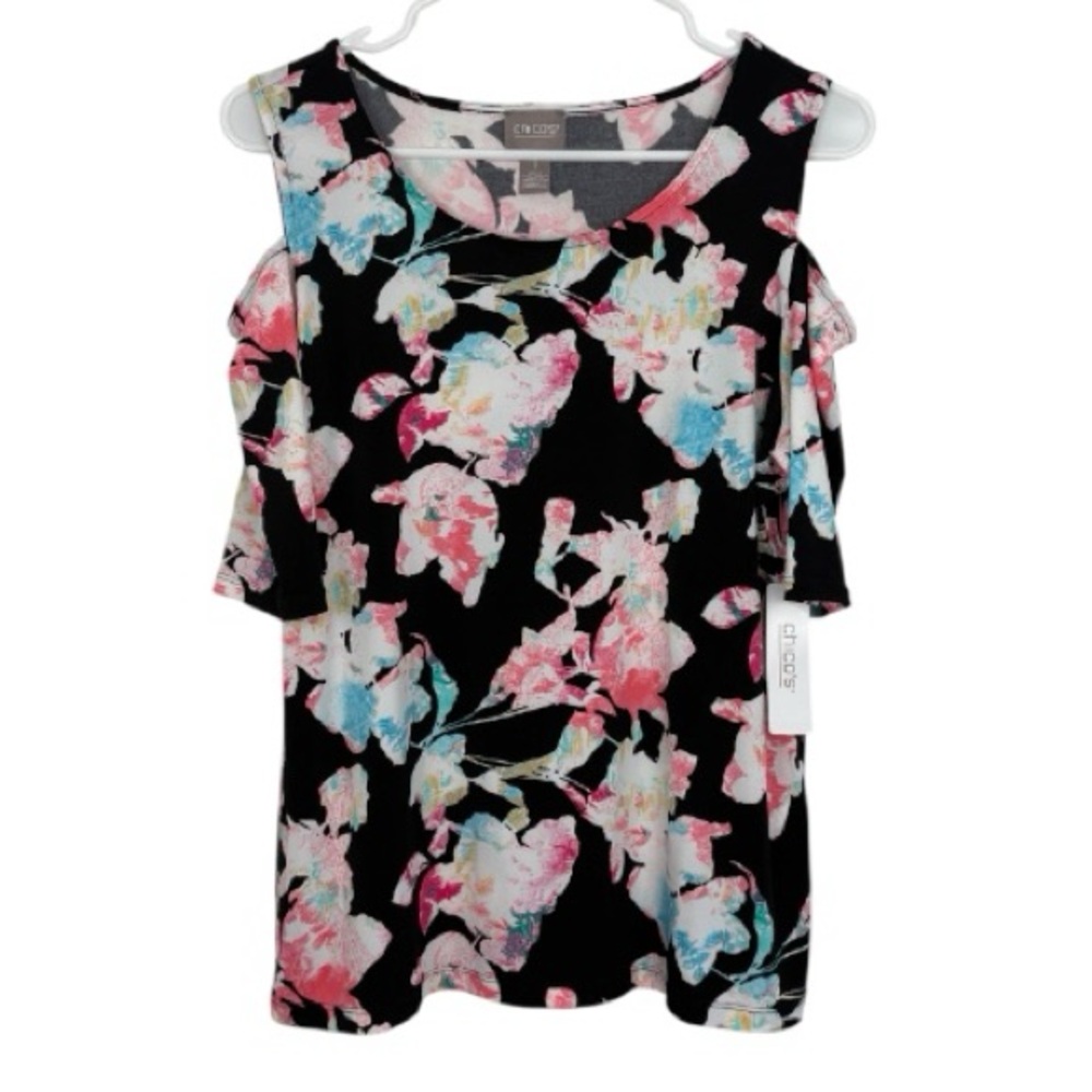 NWT Chico's Black Floral Cold-Shoulder Top with Pink & Blue Blooms size 1(med)